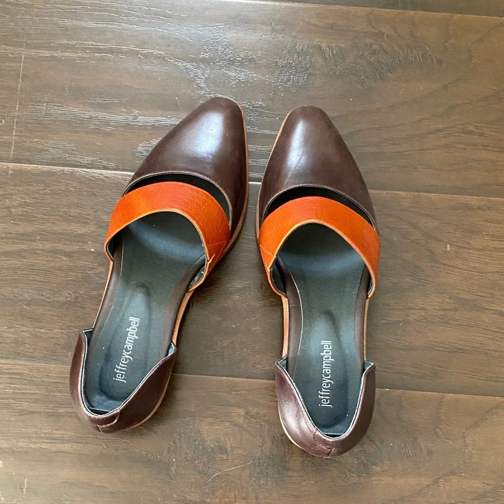Jeffrey Campbell Joel’s Dark Brown and Rust Leather D’Orsay Flats. Size-9
